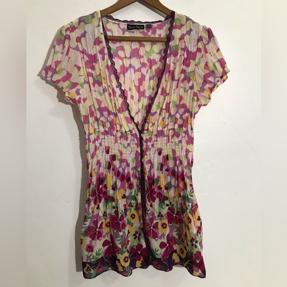 Dana Taylor Women's Blouse Multicolor Sheer Short Sleeve Button Up Floral Size S